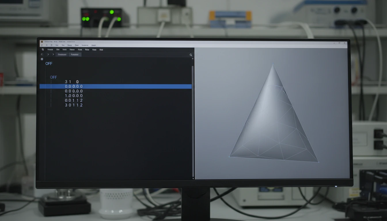 An OFF file structure viewed in a text editor alongside a rendered mesh