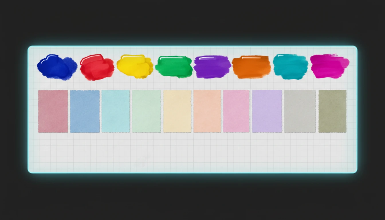 Color swatches for ink and paper alongside a lined notebook page