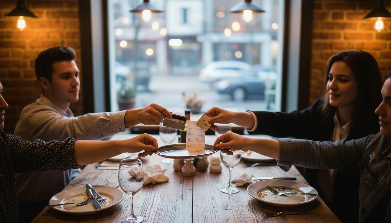 A bill split evenly between four people shown on a phone