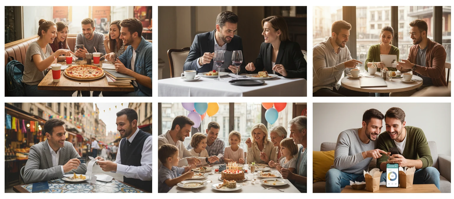 People calculating tips and splitting bills in different dining settings