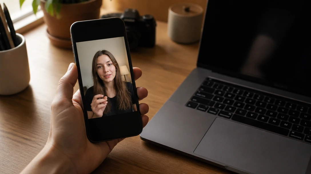 Person comparing a phone and a laptop video frame