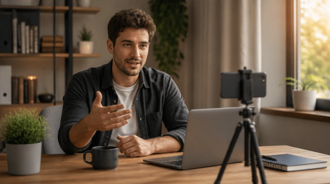 Video editor at a desk with a laptop and phone
