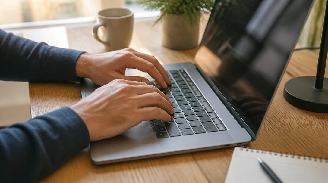 Person entering numbers on a laptop at a bright desk