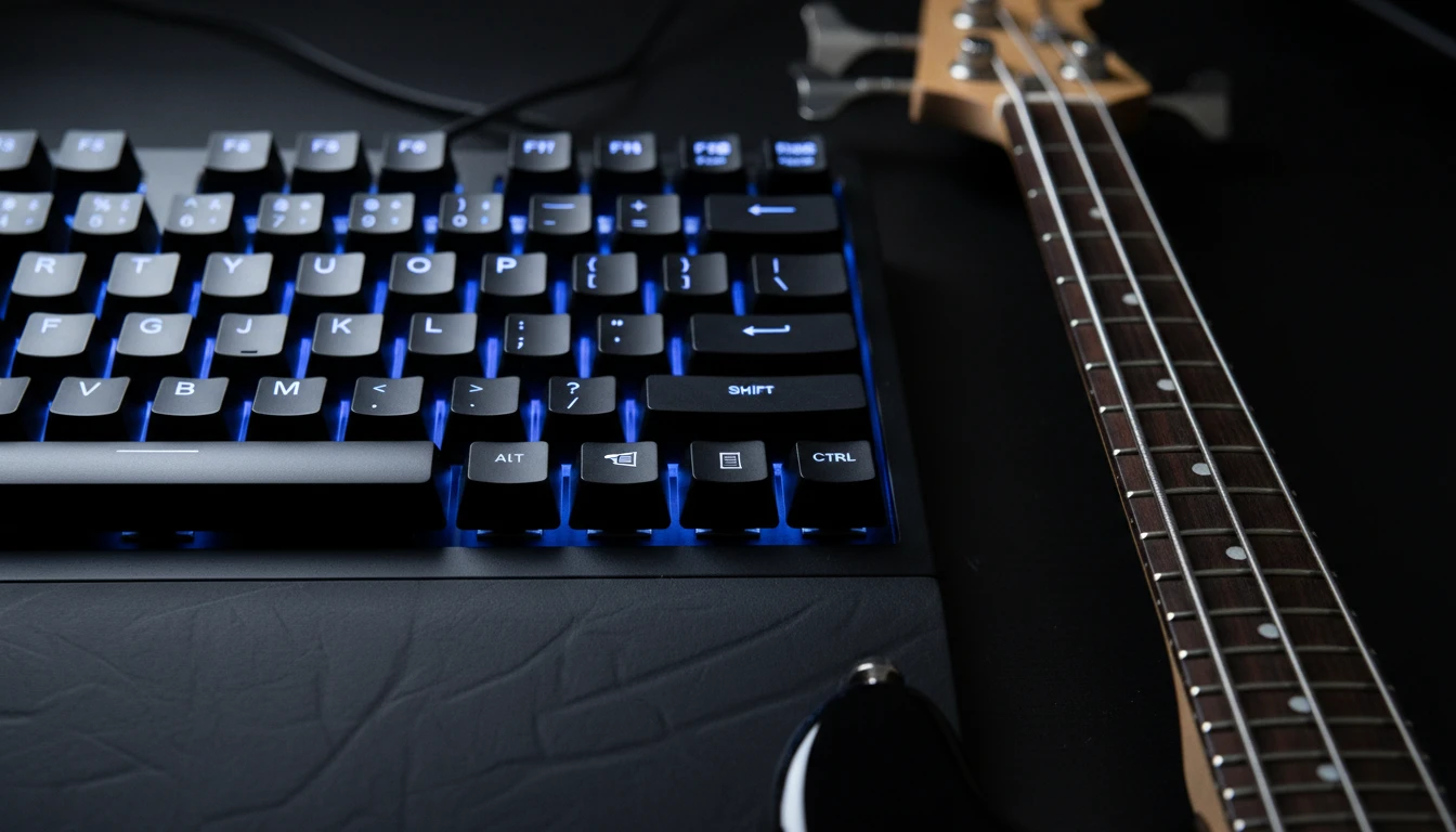 Computer keyboard mapped to bass guitar strings