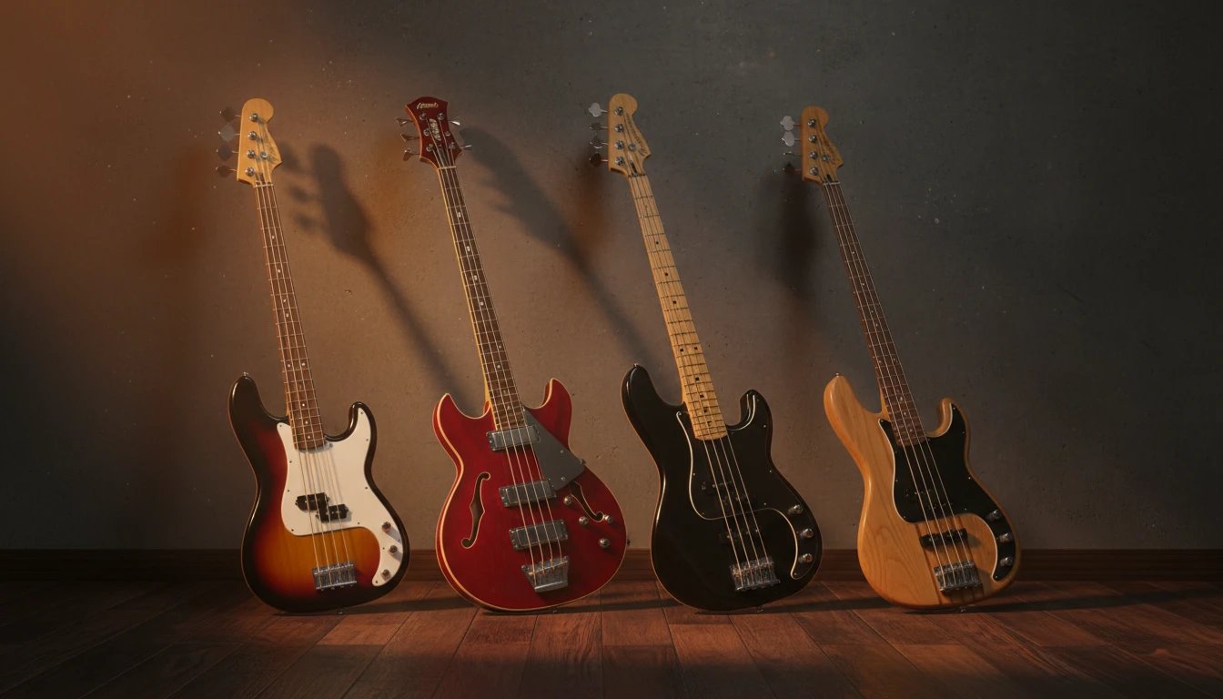 Electric bass guitars side by side