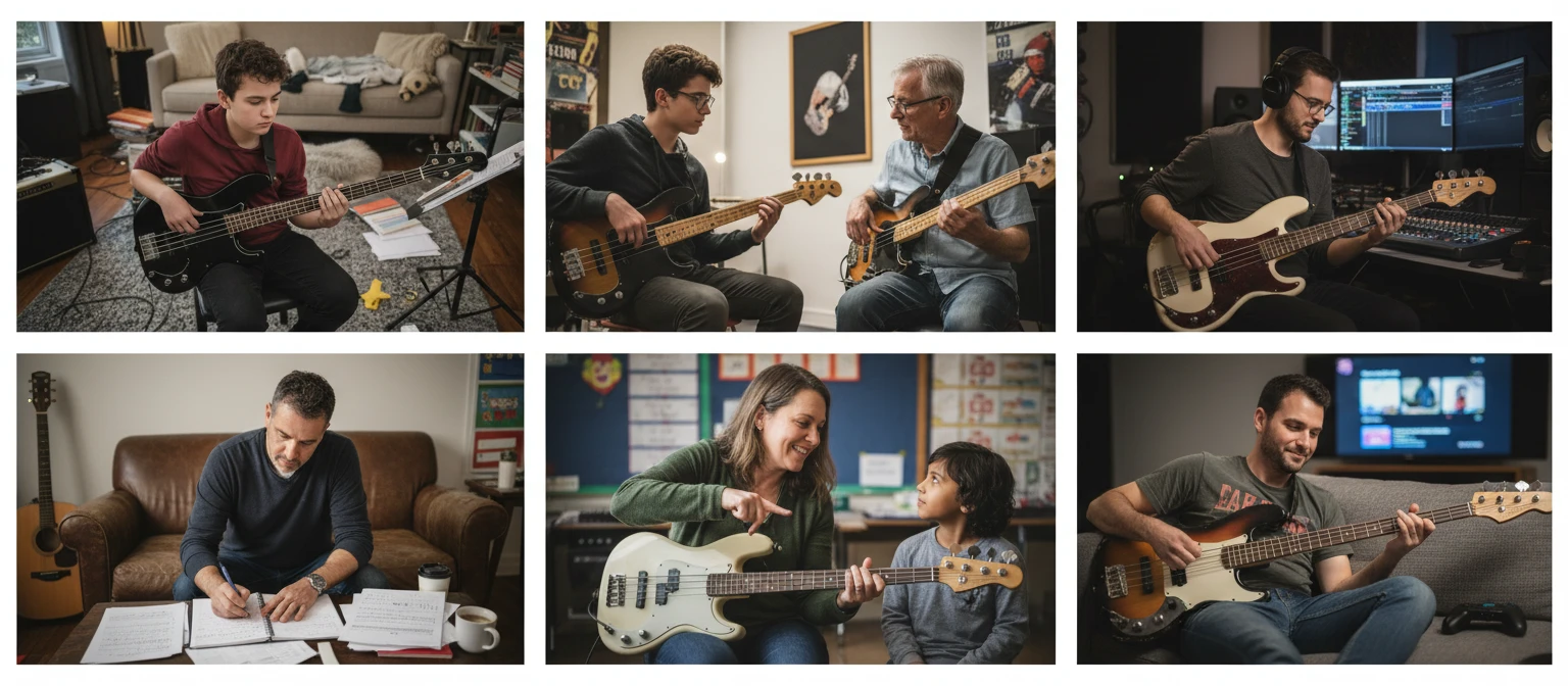 People using a virtual bass guitar in different settings