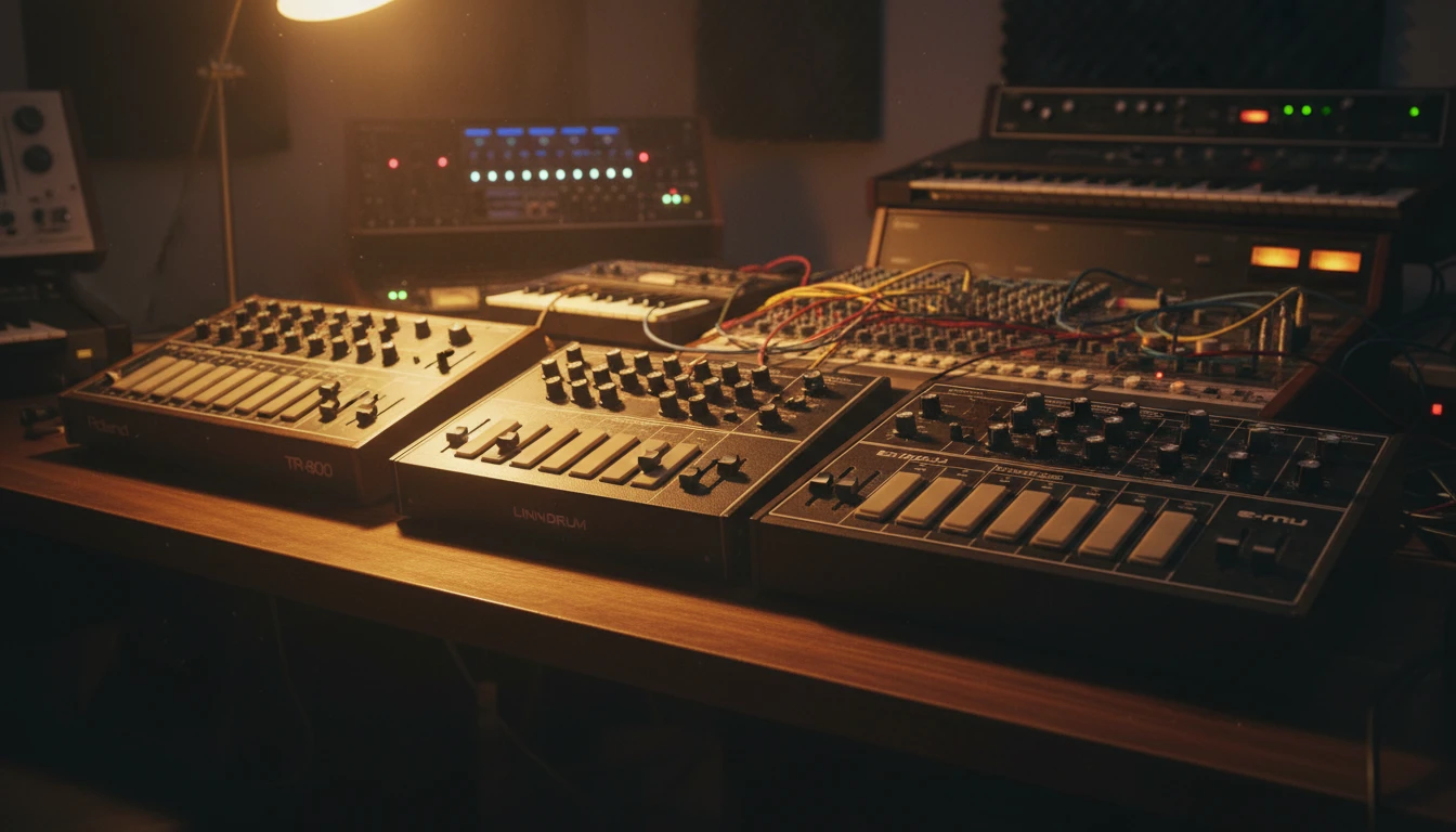 Classic drum machines side by side