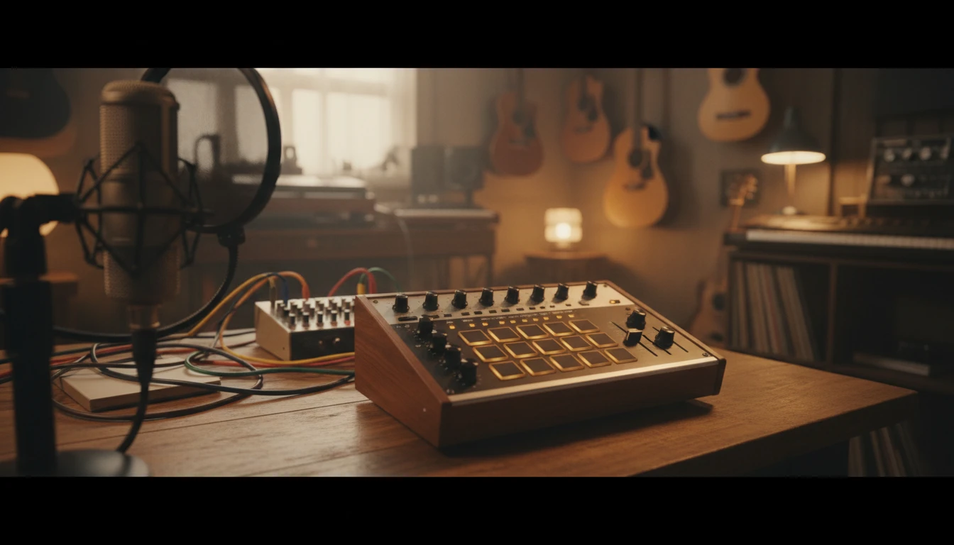 A drum machine recording in a studio