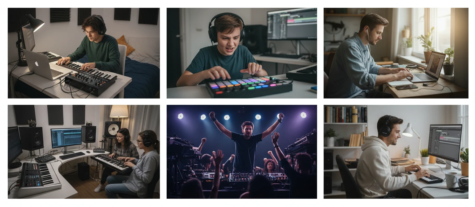People using a virtual drum machine in different settings