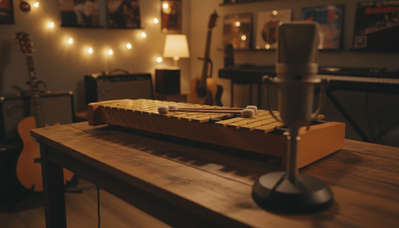 A glockenspiel with mallets in a studio