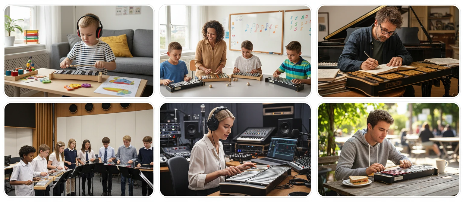 People using a virtual glockenspiel in different settings