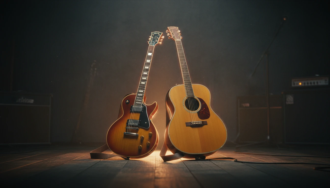 Electric and acoustic guitars side by side