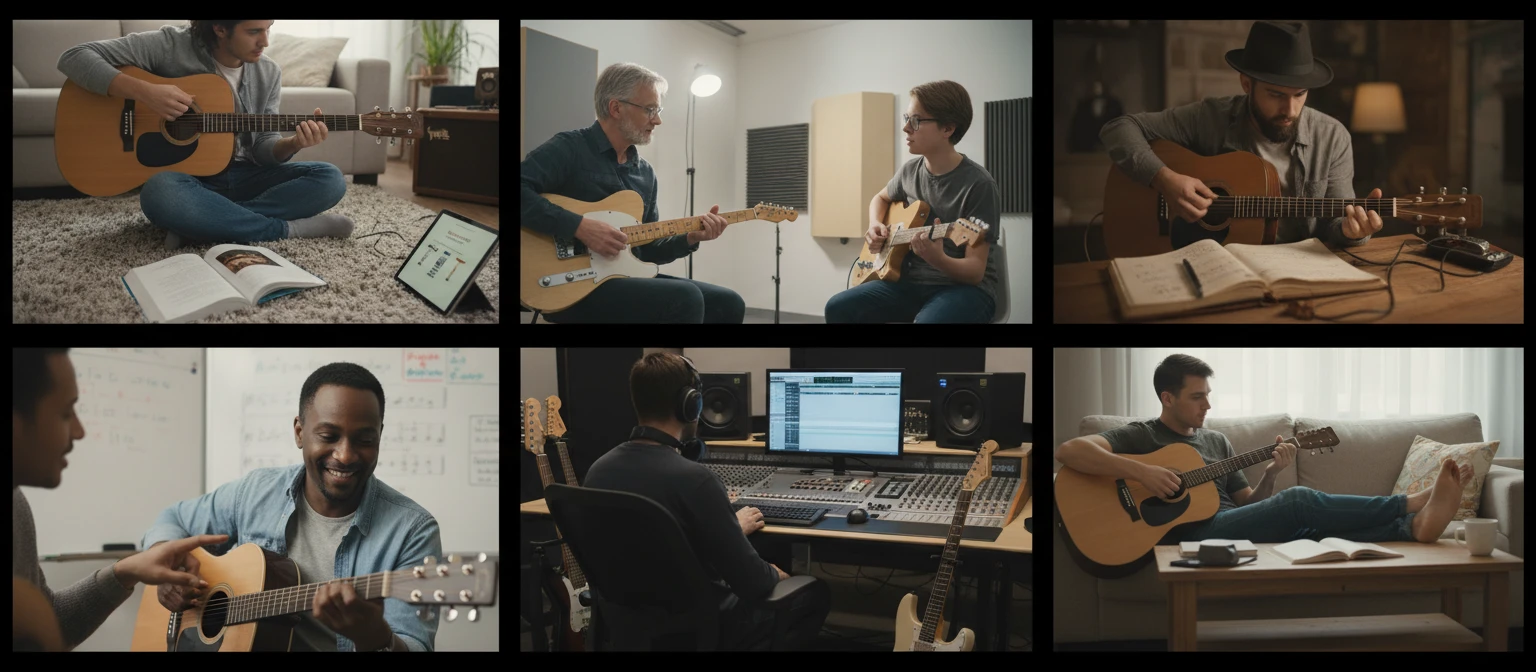 People using a virtual guitar in different settings