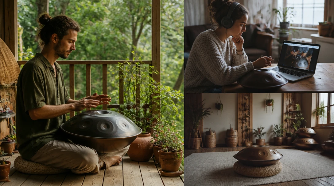 People playing a handpan in different settings