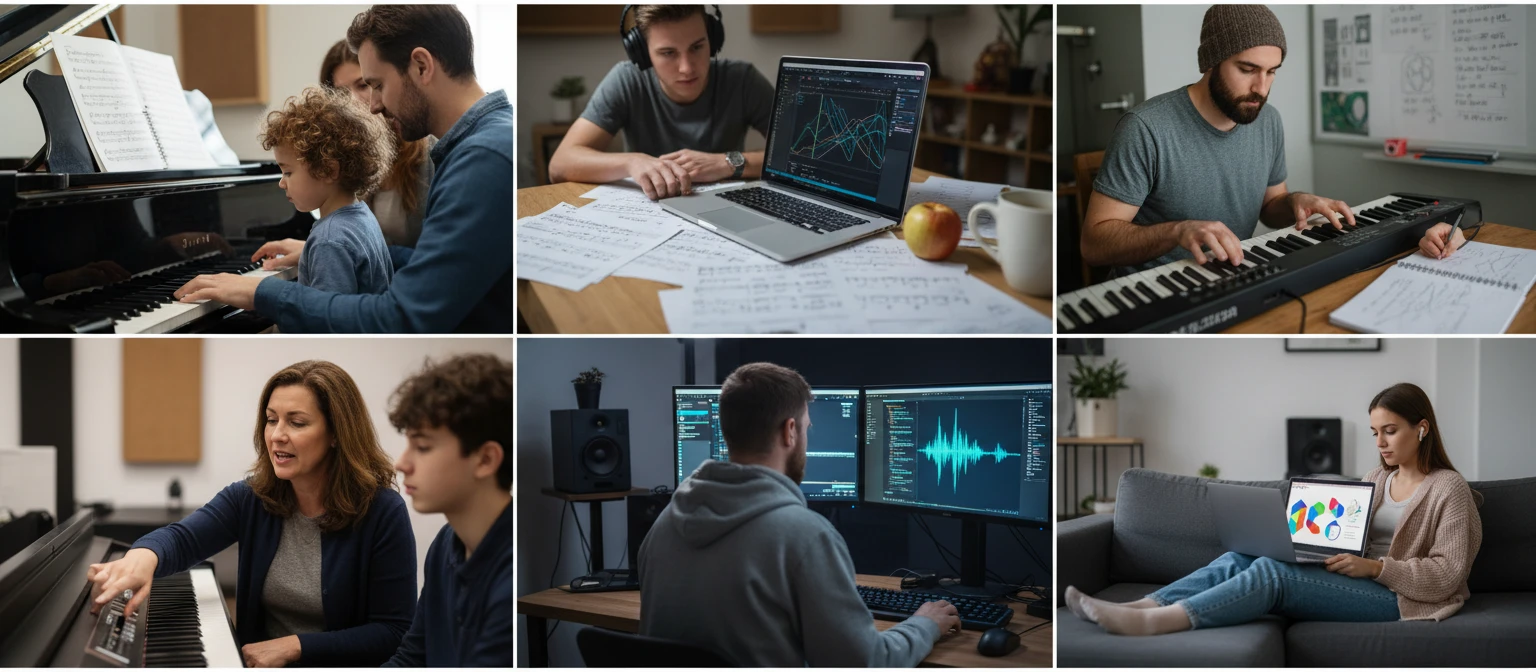 People using a virtual piano in different settings