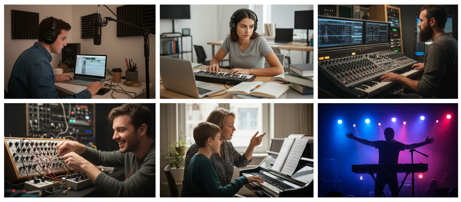 People using a virtual synthesizer in different settings