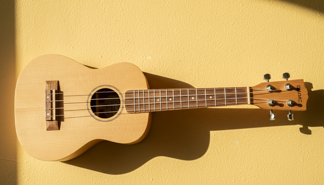 A ukulele leaning against a wall