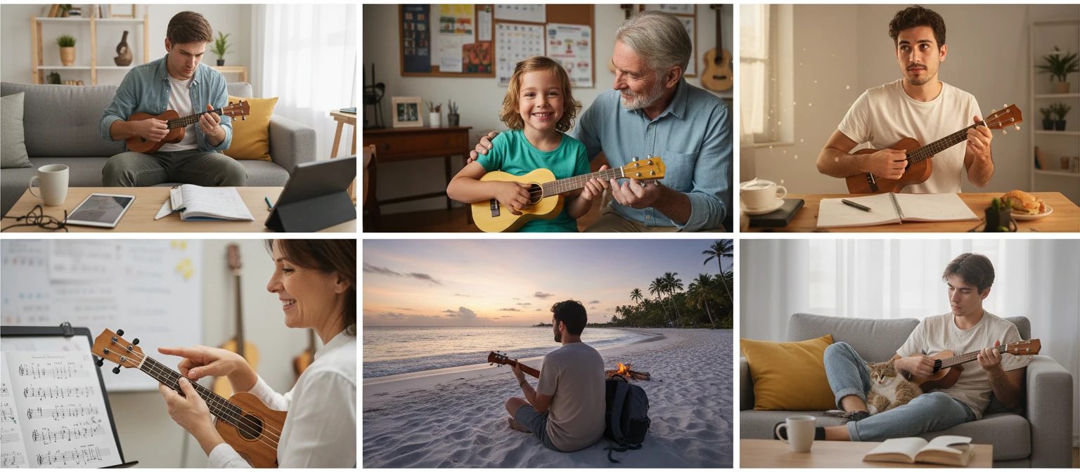 People using a virtual ukulele in different settings