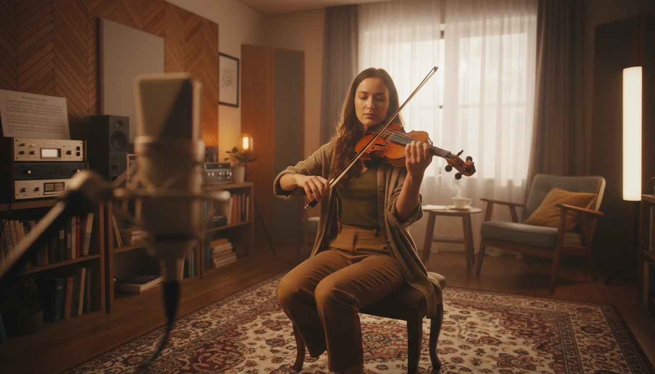 A violinist recording in a studio
