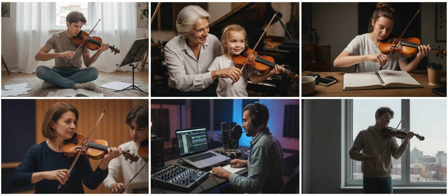 People using a virtual violin in different settings