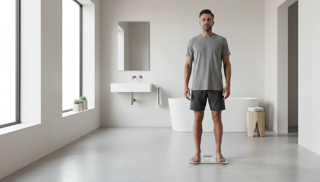 A person stepping on a scale in a bright bathroom