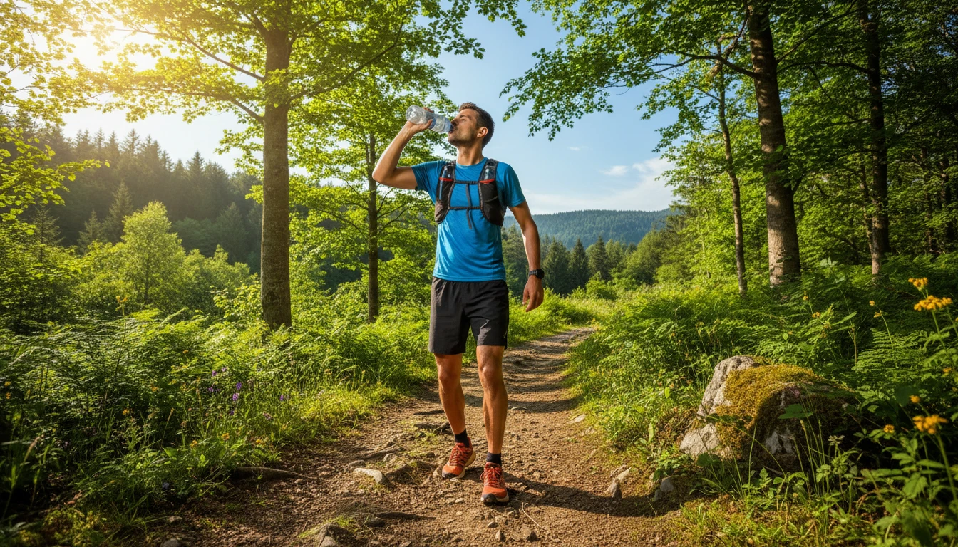 A runner drinking water outdoors in bright sunny weather