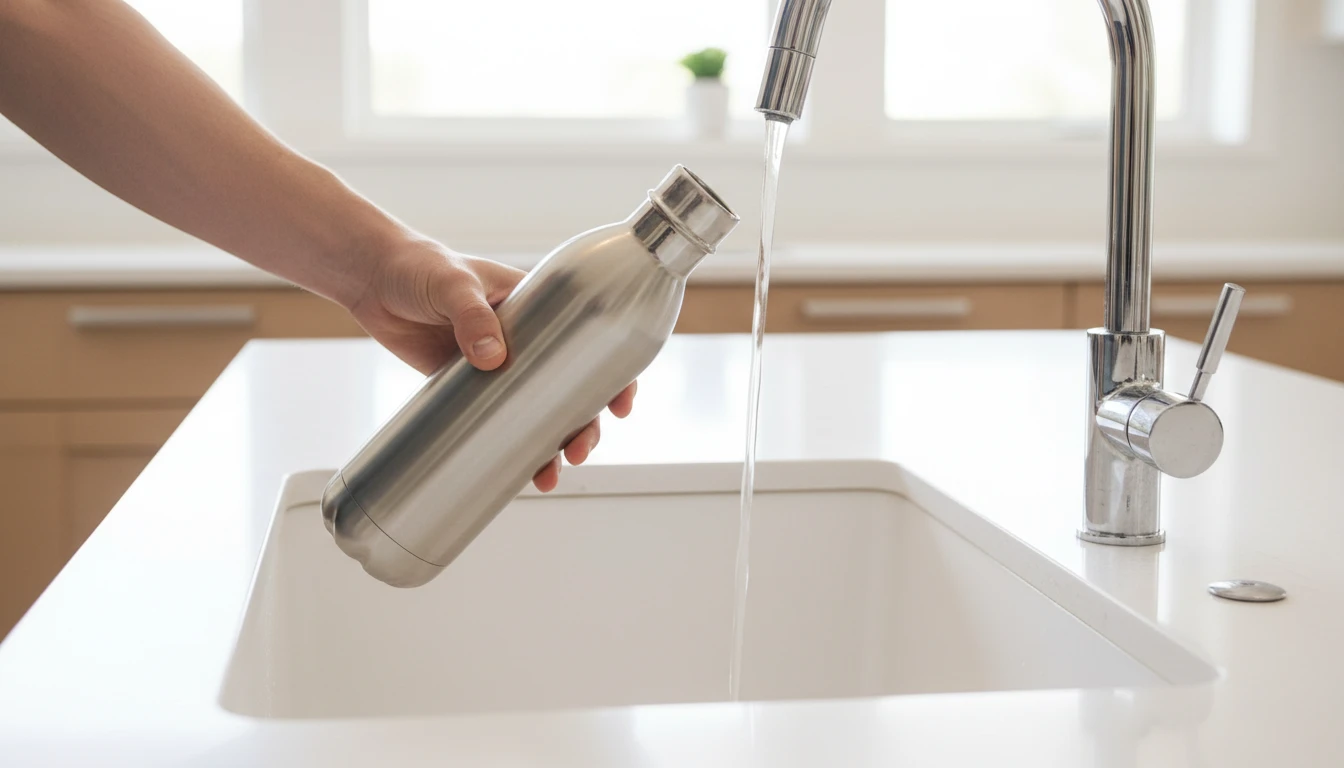 A person filling a reusable water bottle at a kitchen tap