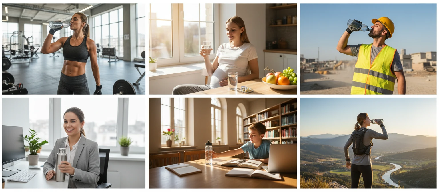 People hydrating in different daily settings from the gym to the office