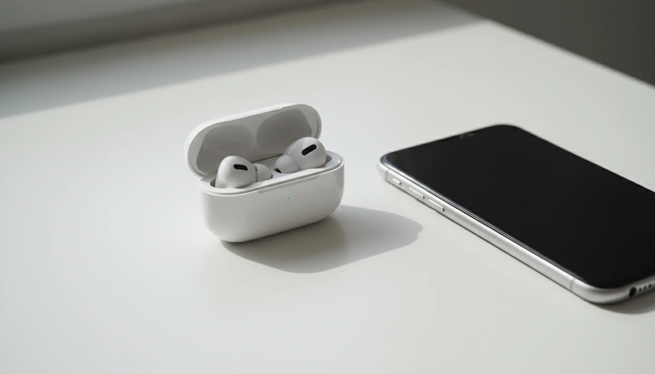Pair of wireless earbuds next to a smartphone on a clean desk