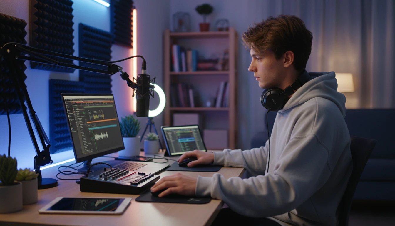 Content creator at a laptop editing an audio track for a video
