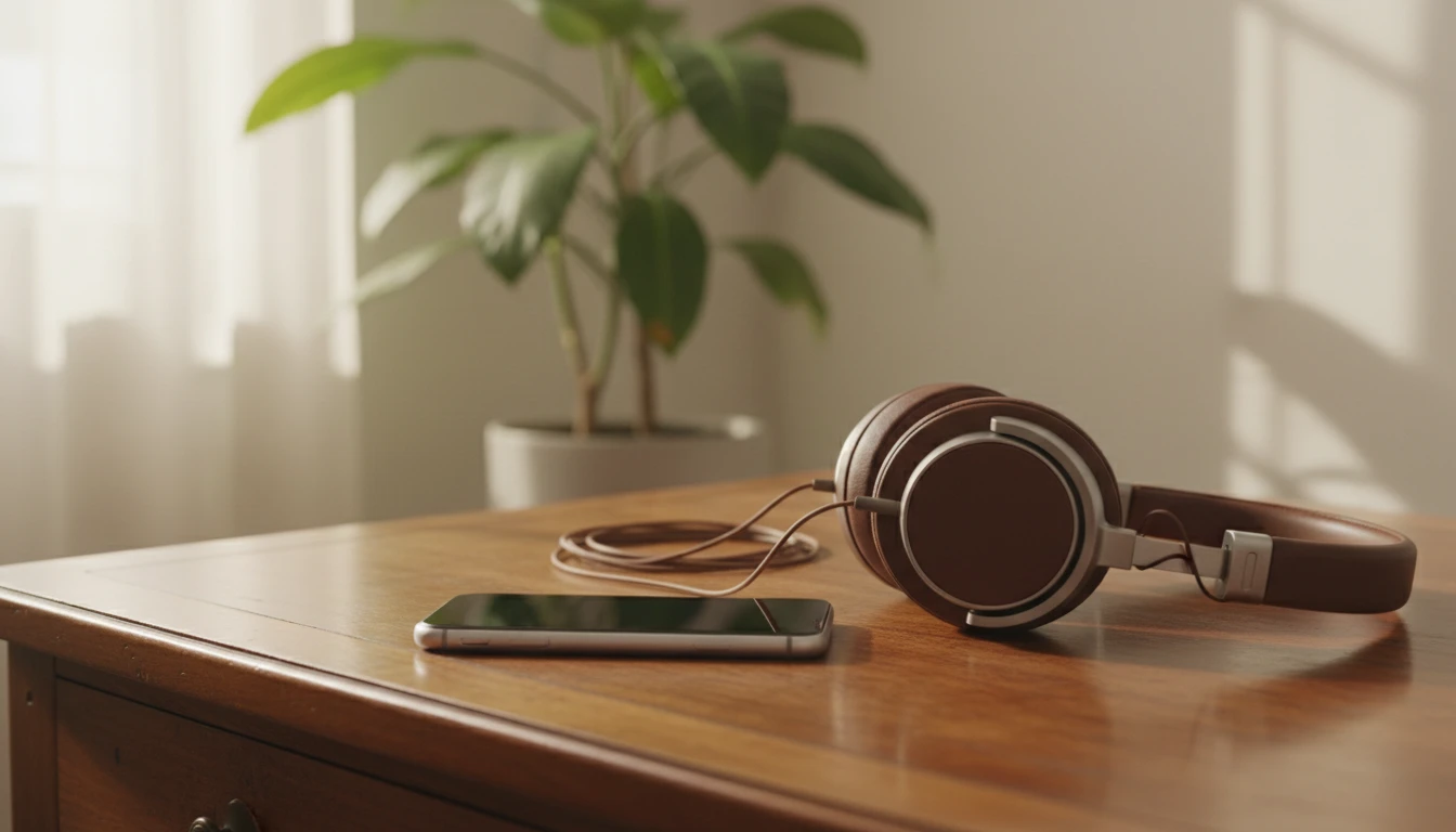 iPhone showing a full lossless music library with audiophile headphones beside it