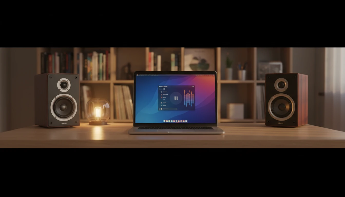 Apple Music app showing lossless tracks on a MacBook in a home listening room