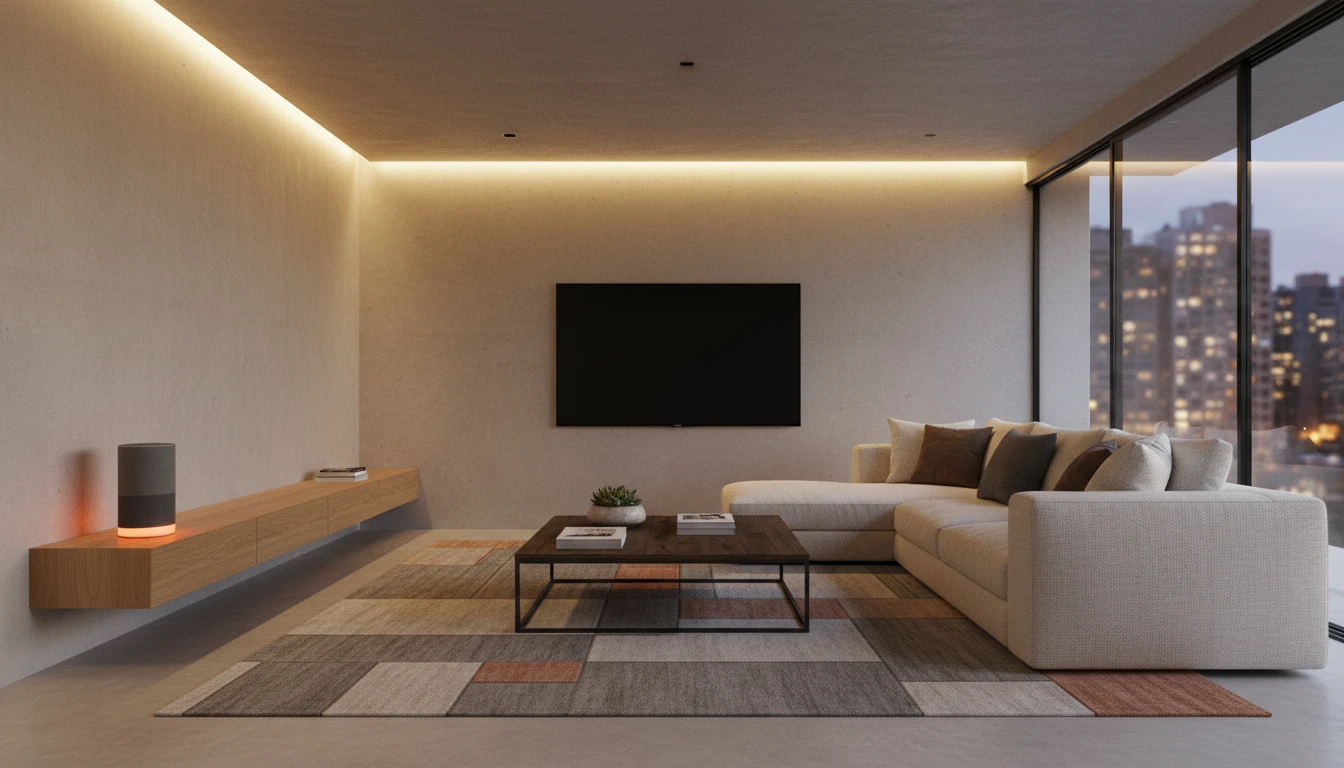 HomePod on a shelf in a modern living room beside a TV and sofa