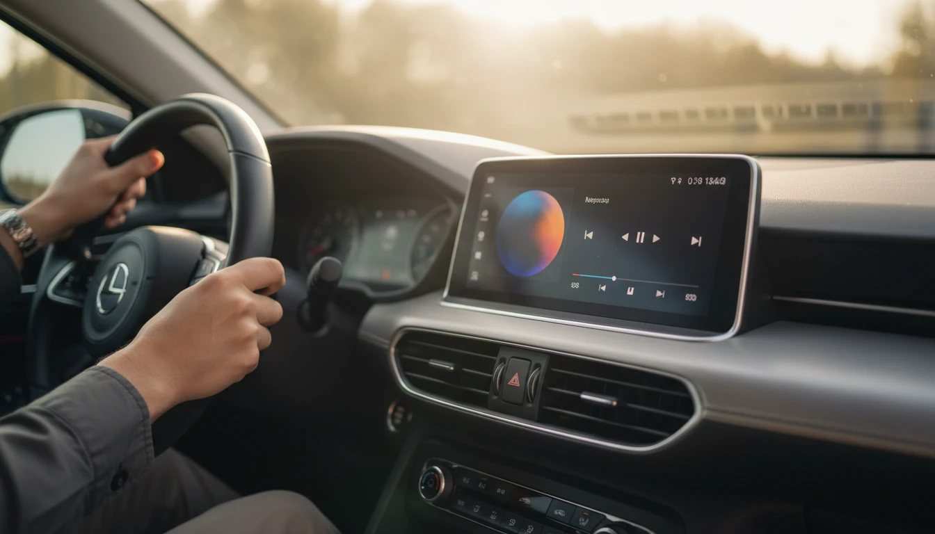 iPhone CarPlay screen showing a music track with album art
