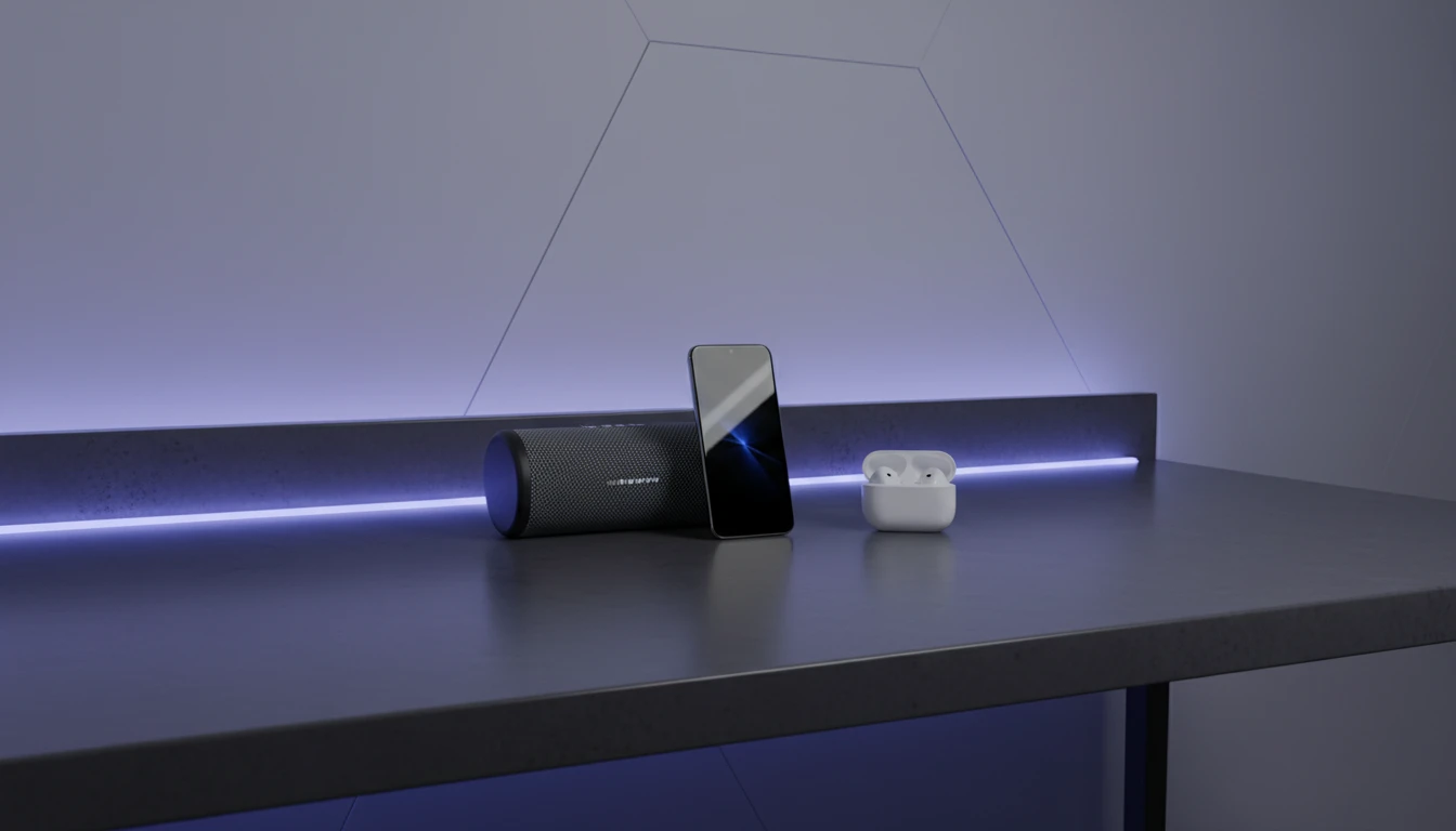 Smartphone and wireless speaker playing MP3 audio