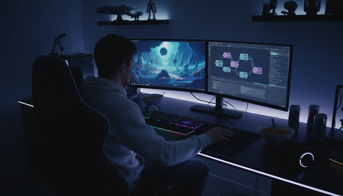 Game developer at a workstation with a game engine open on screen