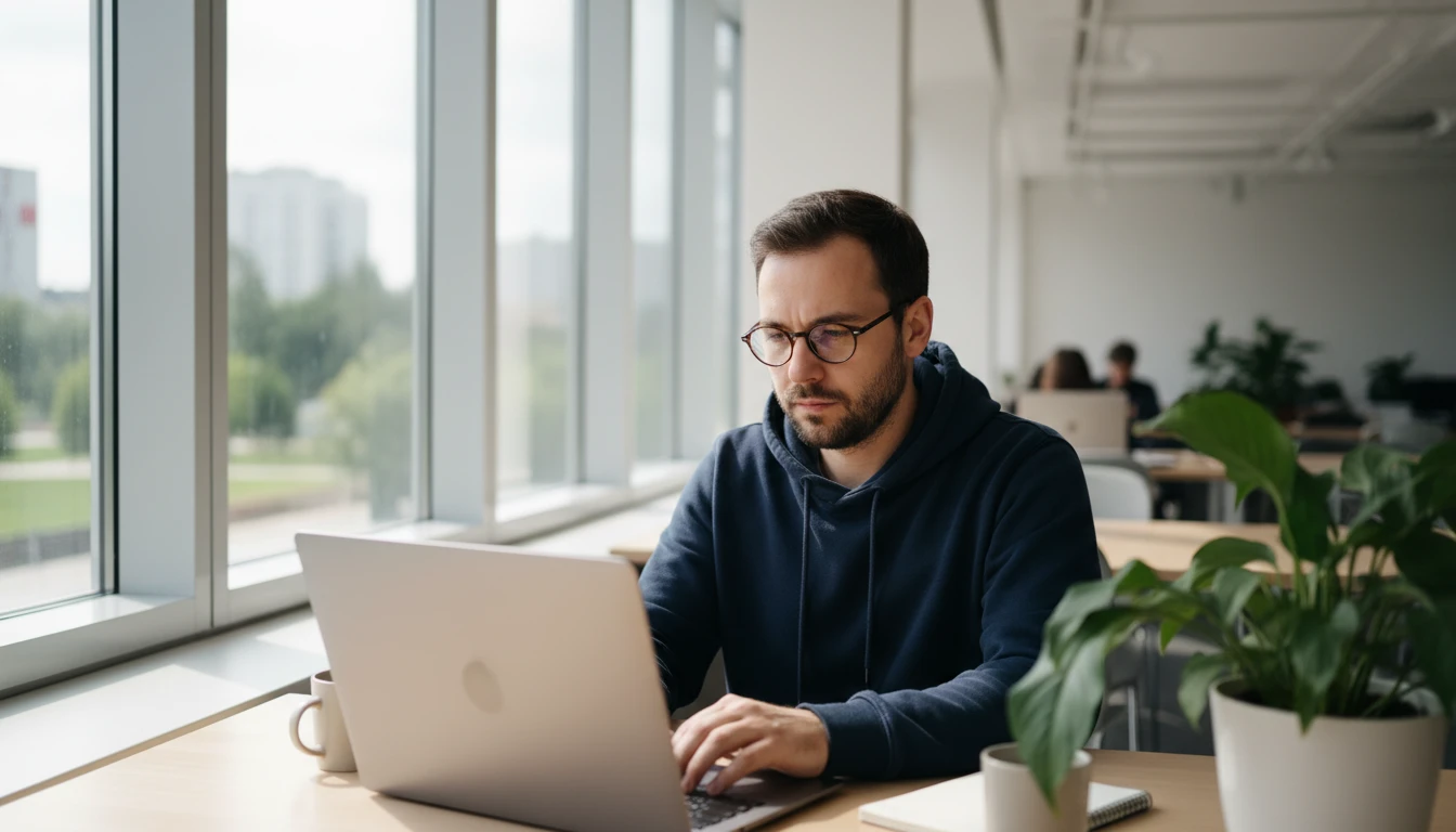 Open-source developer working on a laptop in a modern workspace