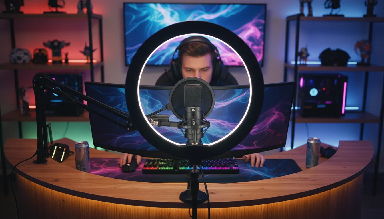 Podcaster or streamer recording live audio in a home studio