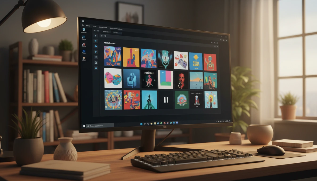 Windows desktop with a music media player application showing an album library