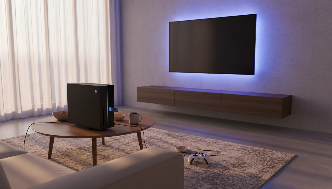 Gaming console with a USB drive plugged in beside a TV