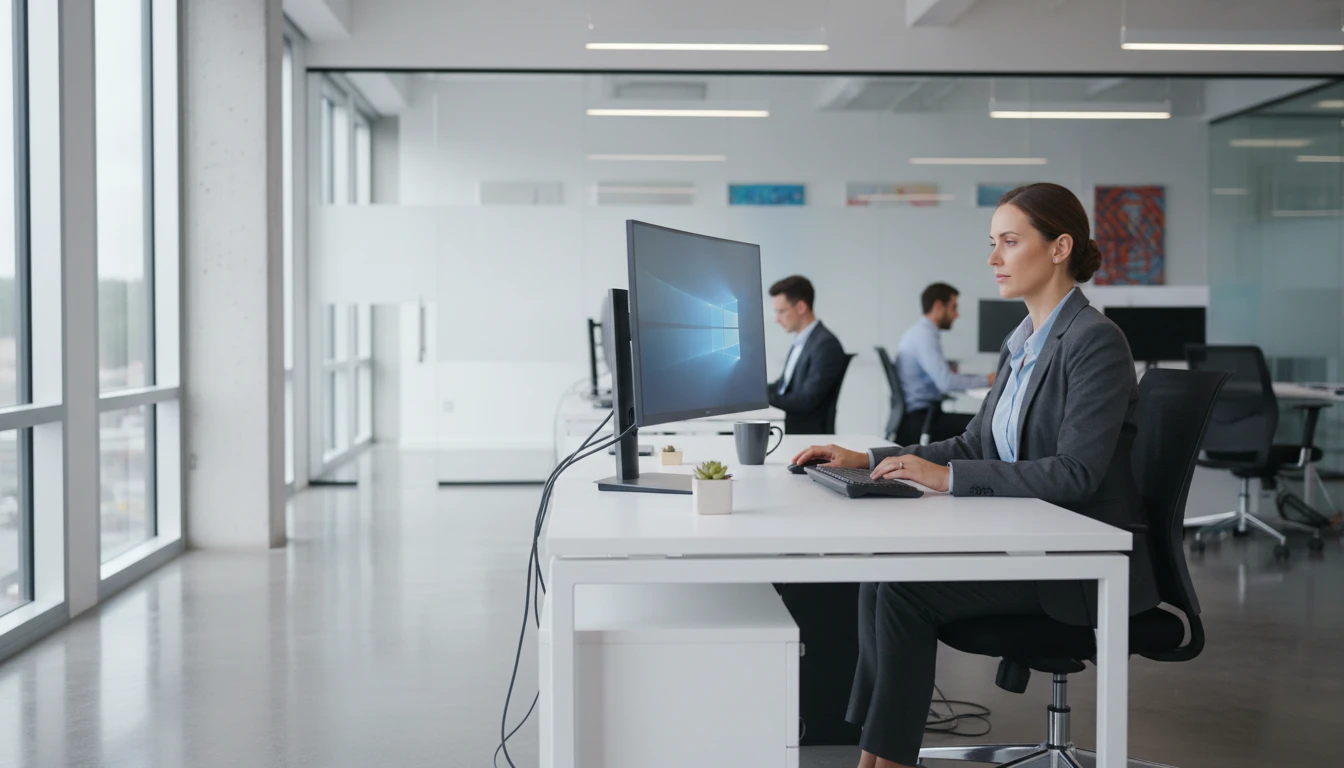 Business professional at a Windows workstation in a corporate office