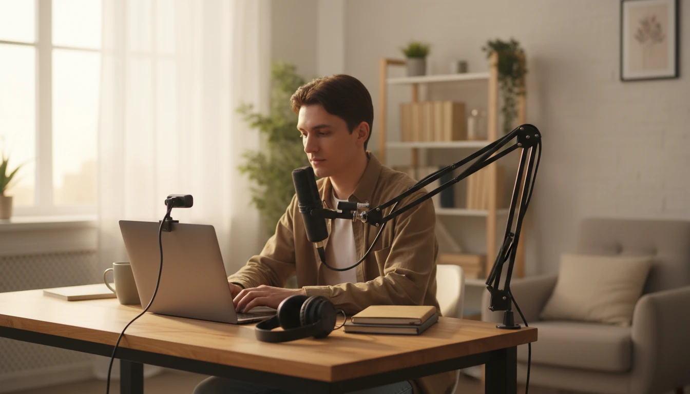 Person at a desk with a laptop and microphone doing a screen recording or podcast