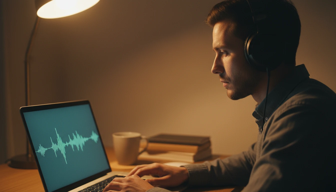 Person editing audio on a laptop at a home desk with headphones nearby