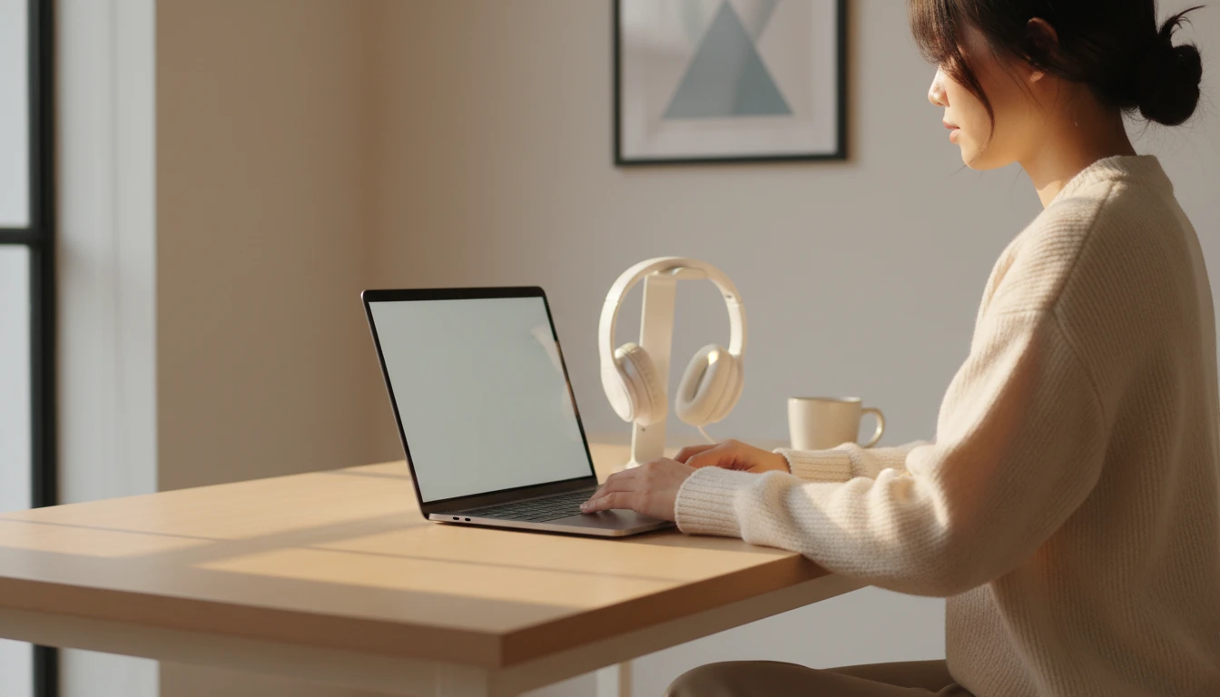 Person at a minimalist desk working on a laptop