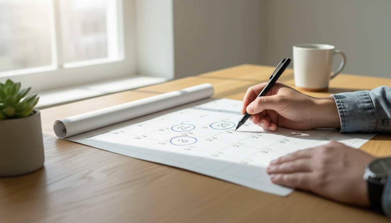 A calendar spread open on a desk with a person marking dates