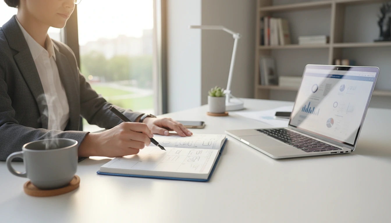 A person writing a deadline date on a planner at a bright desk