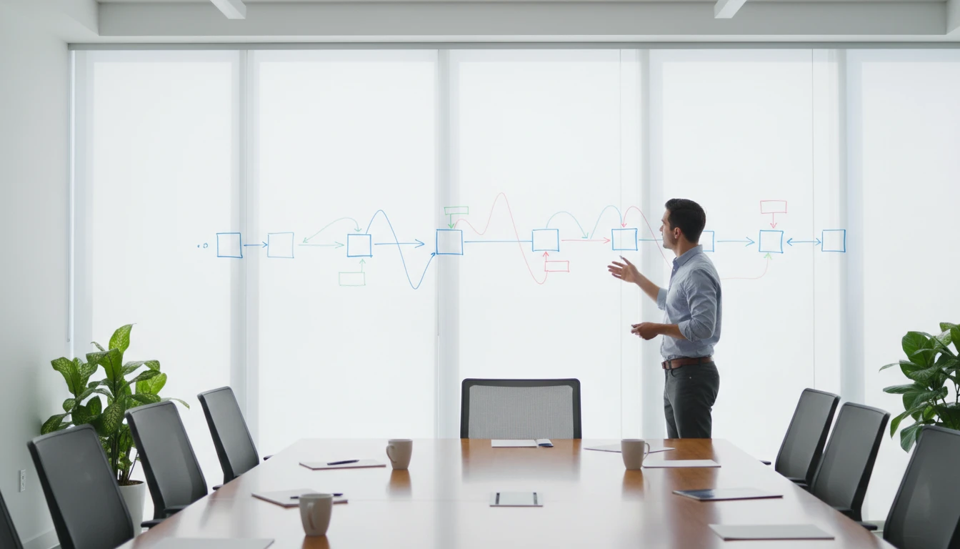 A person planning a project timeline backward from a deadline on a whiteboard