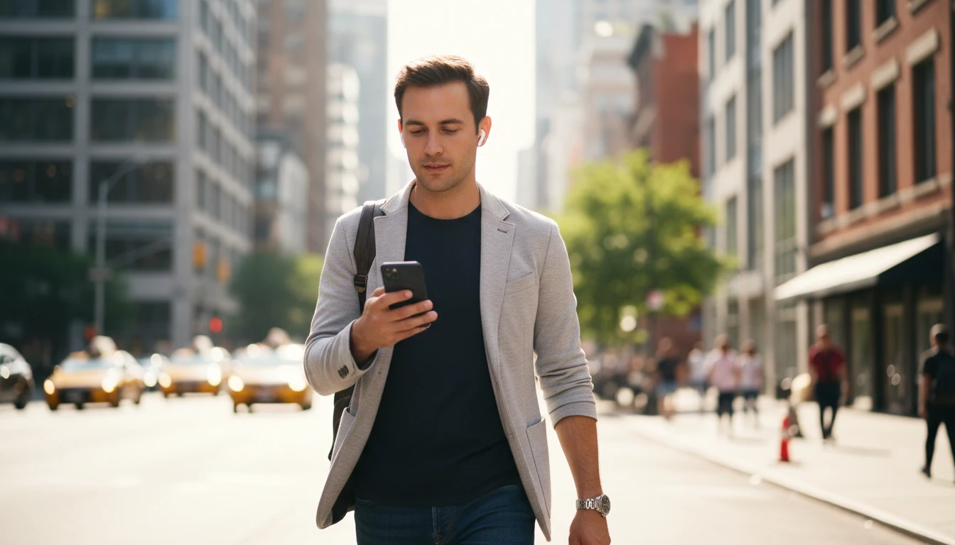 Person using smartphone to listen to a music library on a commute