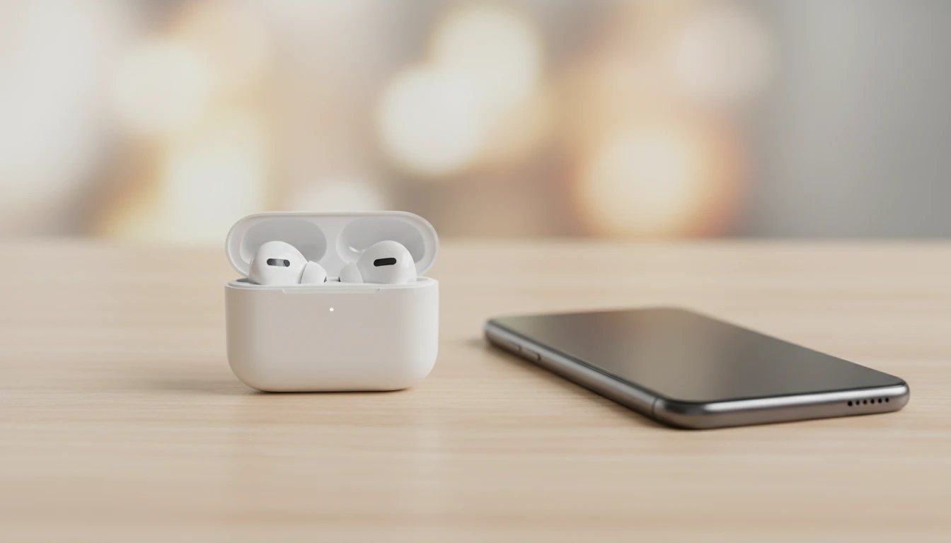 Pair of wireless earbuds on a minimalist desk beside a smartphone