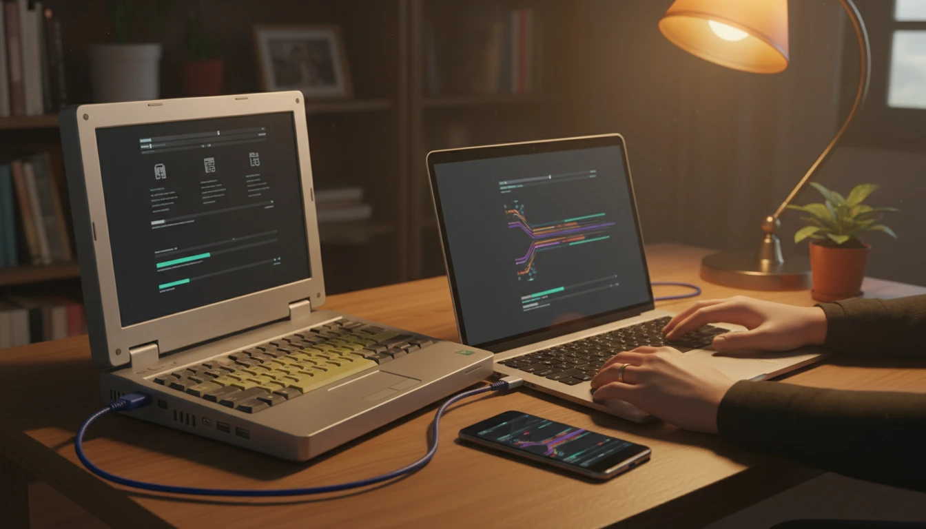 Person transferring music files from an old computer to a new device